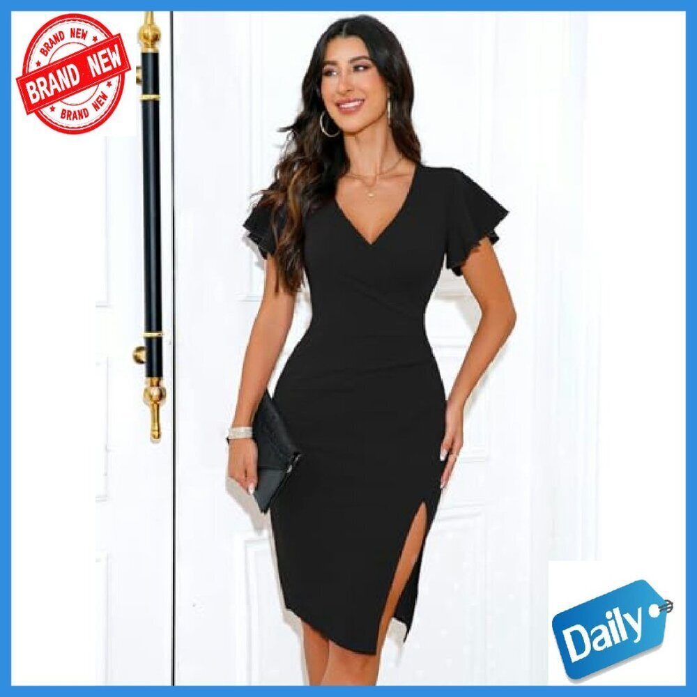 V-Neck Wrap Ruffle Sleeve Ruched Bodycon Slit Cocktail Dress - Picture 3 of 8